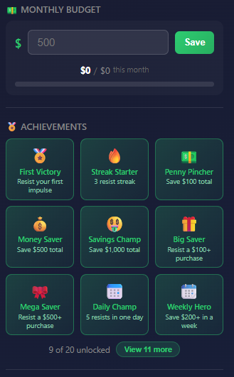 Budget and achievements panel