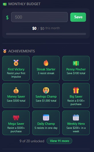 Budget and achievements panel